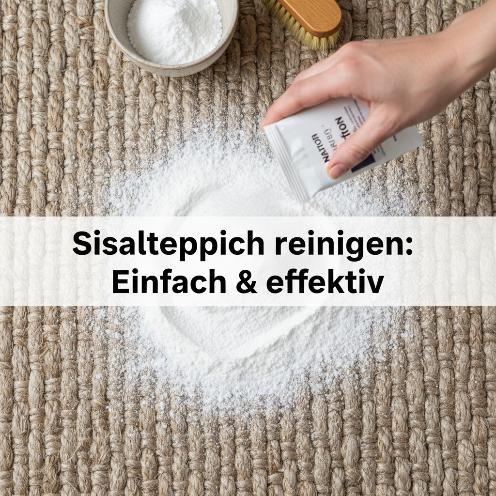 A vibrant, top-down flat lay photograph or realistic digital illustration. A hand is gently sprinkling a generous layer of white baking soda (Natron) directly onto the natural fibers of a sisal carpet. The carpet's woven texture is clearly visible. In the background, a small, elegant bowl holding more baking soda and a soft, clean brush are subtly placed, hinting at the dry cleaning process.