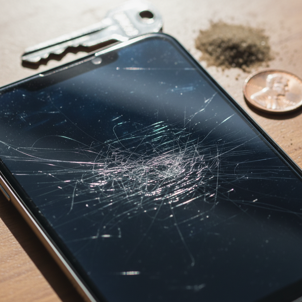 A professional macro photo capturing the surface of a modern smartphone display. The screen should prominently feature a network of fine to medium scratches, creating a visually frustrating effect. Around the edges of the display, subtly out of focus but identifiable, are typical culprits: a metallic key, a few grains of sand, and a small coin. The lighting should be sharp, emphasizing the texture of the scratches and the contrast with the surrounding objects, conveying the common annoyance of a damaged screen.