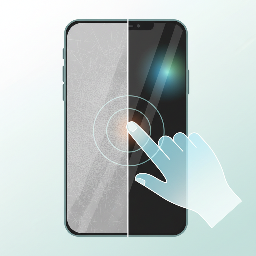 A clean, infographic-style illustration depicting a smartphone in a split view. One half of the display clearly shows a pattern of visible, light scratches, appearing dull and imperfect. The other half, visually separated by a crisp, vertical line, shows a perfectly smooth, reflective, and clear screen, implying restoration. A gentle, stylized human hand, almost translucent, could be seen lightly making a soft, circular polishing motion over the transition area, suggesting the action of repair or cleaning. The color palette should be modern and inviting, conveying a sense of hope and solution.