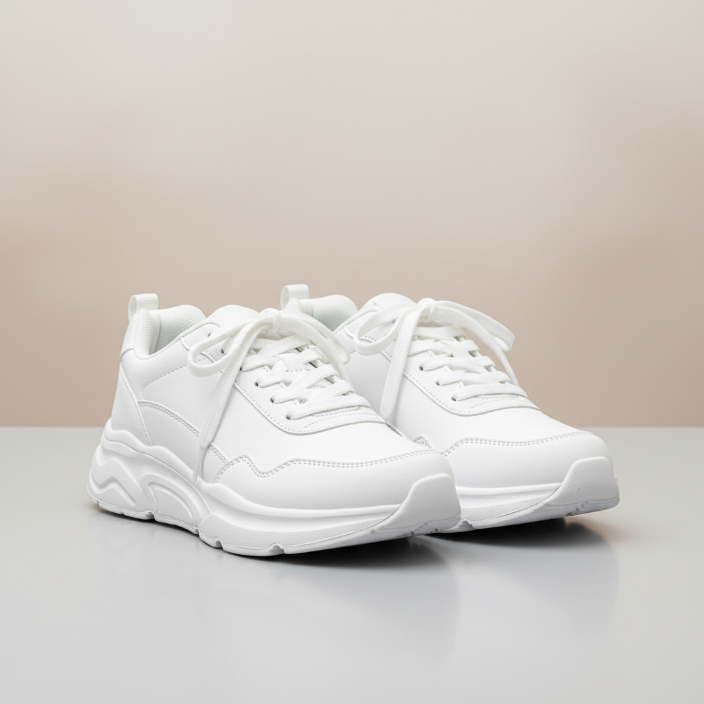 A pair of pristine, brand-new white sneakers, with ultra-clean white soles, standing on a clean, light-colored surface. The lighting is bright and highlights the 'newness' and perfect condition of the shoes. The background is softly blurred to keep focus on the sneakers. Professional product photography style.