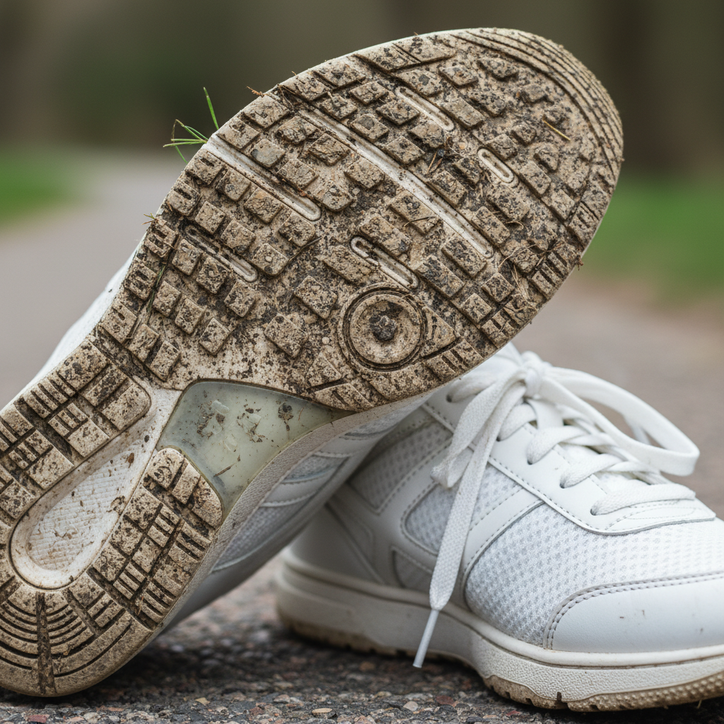 A close-up, dynamic shot focusing on the sole of a white sneaker that is visibly dirty with dark scuff marks, mud splatters, and general grime after a walk. The shoe is slightly angled, showing the contrast between the dirty sole and the otherwise well-maintained upper. The image conveys the immediate need for cleaning. Realistic photo, possibly with shallow depth of field.