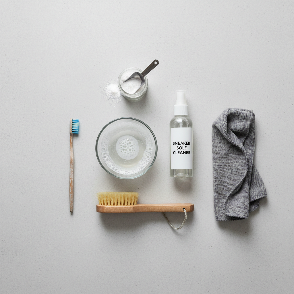 An organized flat lay displaying all the essential cleaning tools for sneaker soles: an old toothbrush, a larger scrubbing brush (like a shoe brush), a small bowl of soapy water (or a cleaning solution bottle), a microfibre cloth, and possibly a bottle of shoe cleaner or baking soda. The tools are neatly arranged on a clean, minimalist background, suggesting preparation. Flat lay photography style with good lighting.