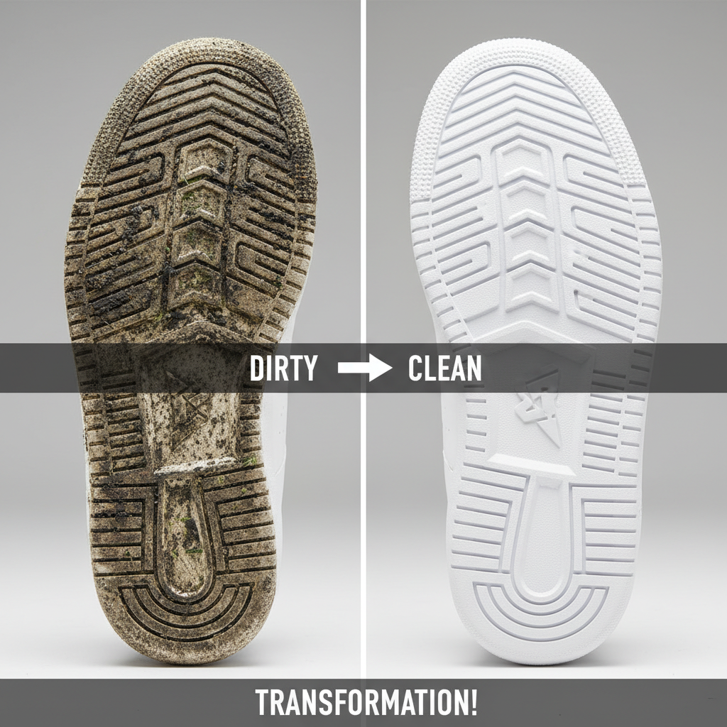 A split-image or 'before-and-after' visual of a white sneaker sole. One half clearly shows a very dirty, scuffed sole, while the other half (seamlessly integrated) shows the same sole sparkling clean and white. This image should powerfully convey the transformation and effectiveness of the cleaning process. High-quality product photography with clear differentiation between the two states.