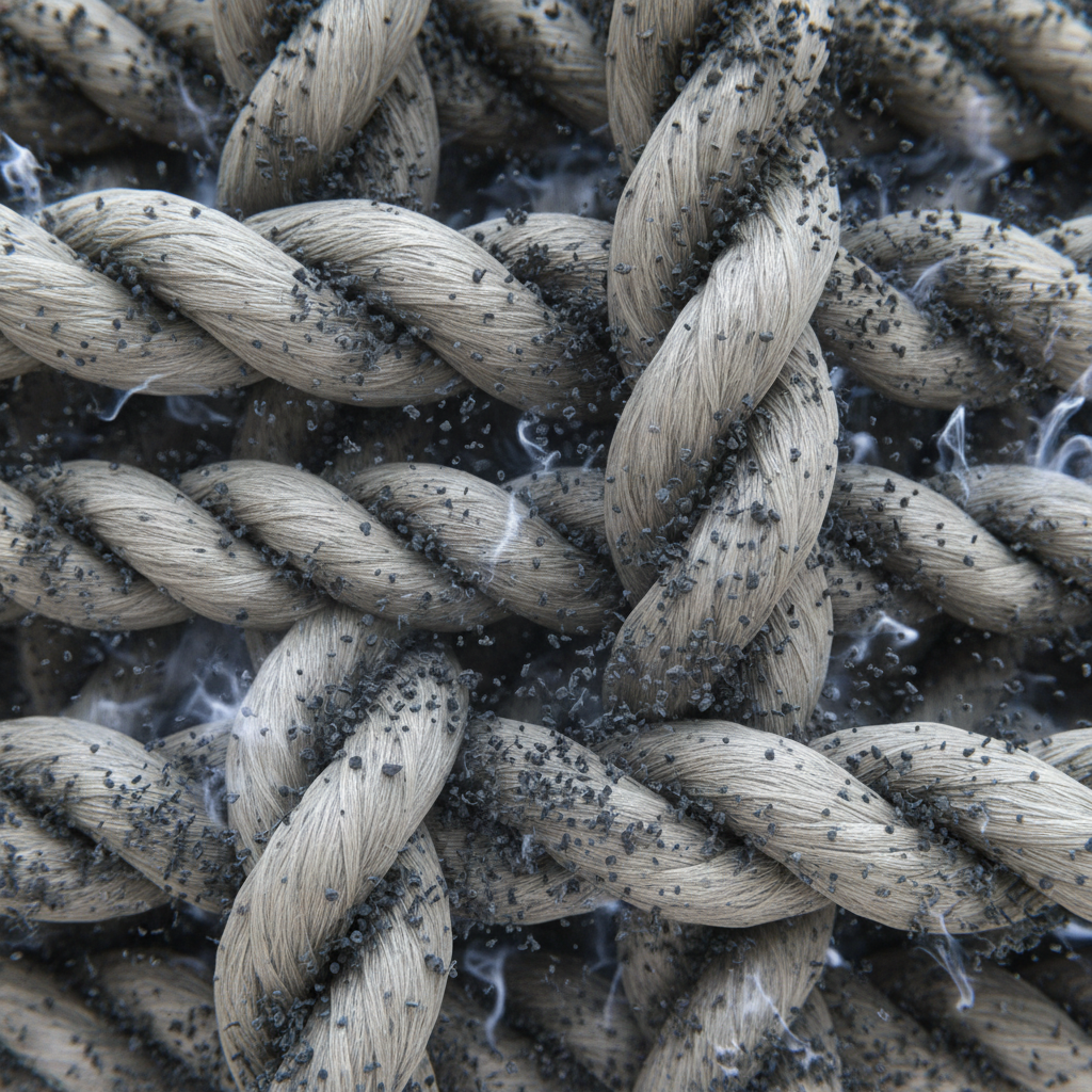 A highly magnified, microscopic view of sofa fabric fibers. Tiny, dark grey smoke particles or wisps are depicted deeply embedded within and clinging to the individual threads of the upholstery. Some areas of the fibers appear clean, while others are densely saturated with these minuscule smoke molecules, illustrating how deeply the odor penetrates. The overall impression should be scientific yet easily understandable. Style: Detailed macro photography or a modern scientific illustration.