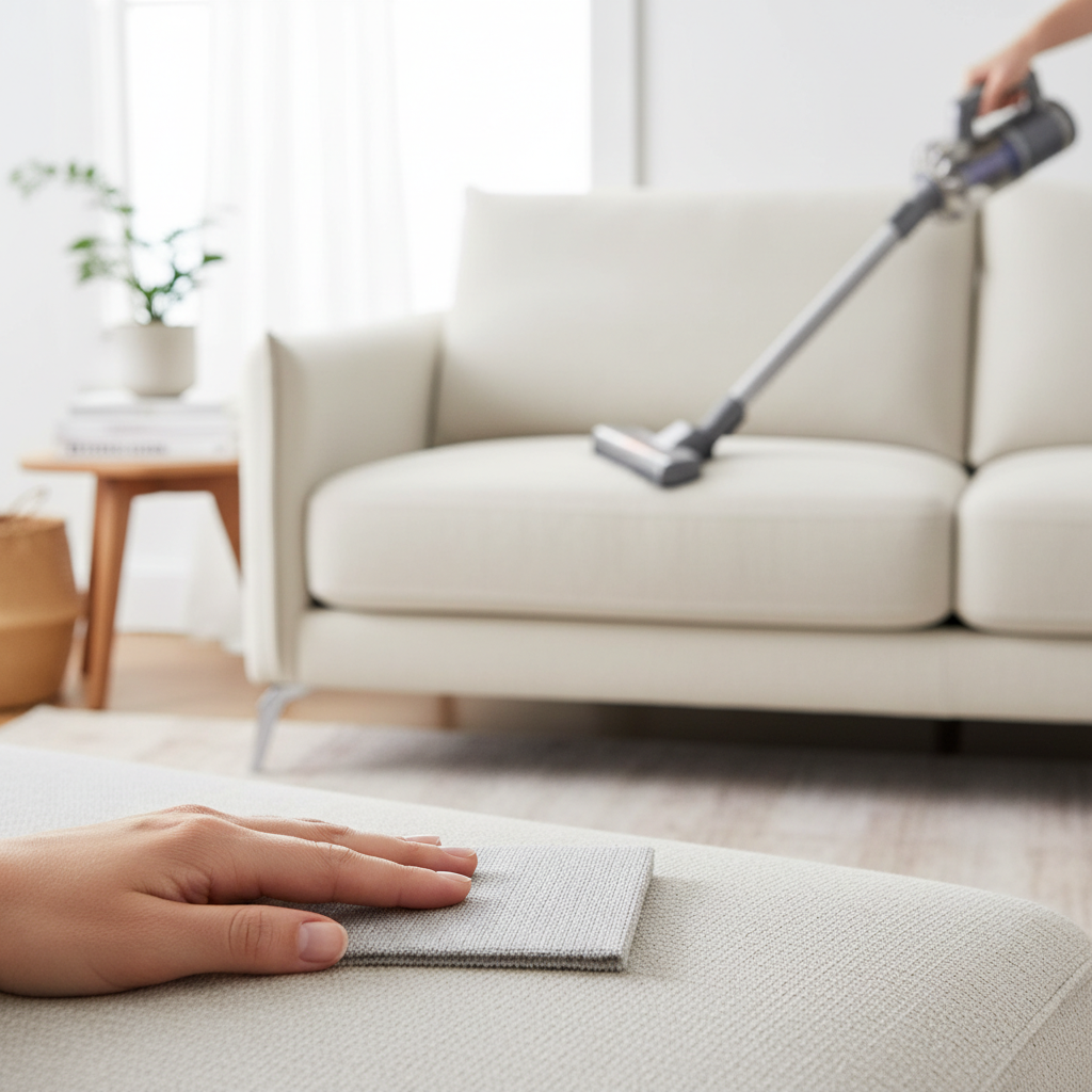 A scene depicting the preparation steps for sofa cleaning. One hand gently touches a swatch of sofa material (e.g., a textured fabric, a smooth leather patch), while in the background, another hand operates a vacuum cleaner with an upholstery attachment, meticulously cleaning the surface of a sofa. The setting is a bright, tidy living room, emphasizing care and attention to detail. Style: Realistic, professional photo with a clean and soft aesthetic.