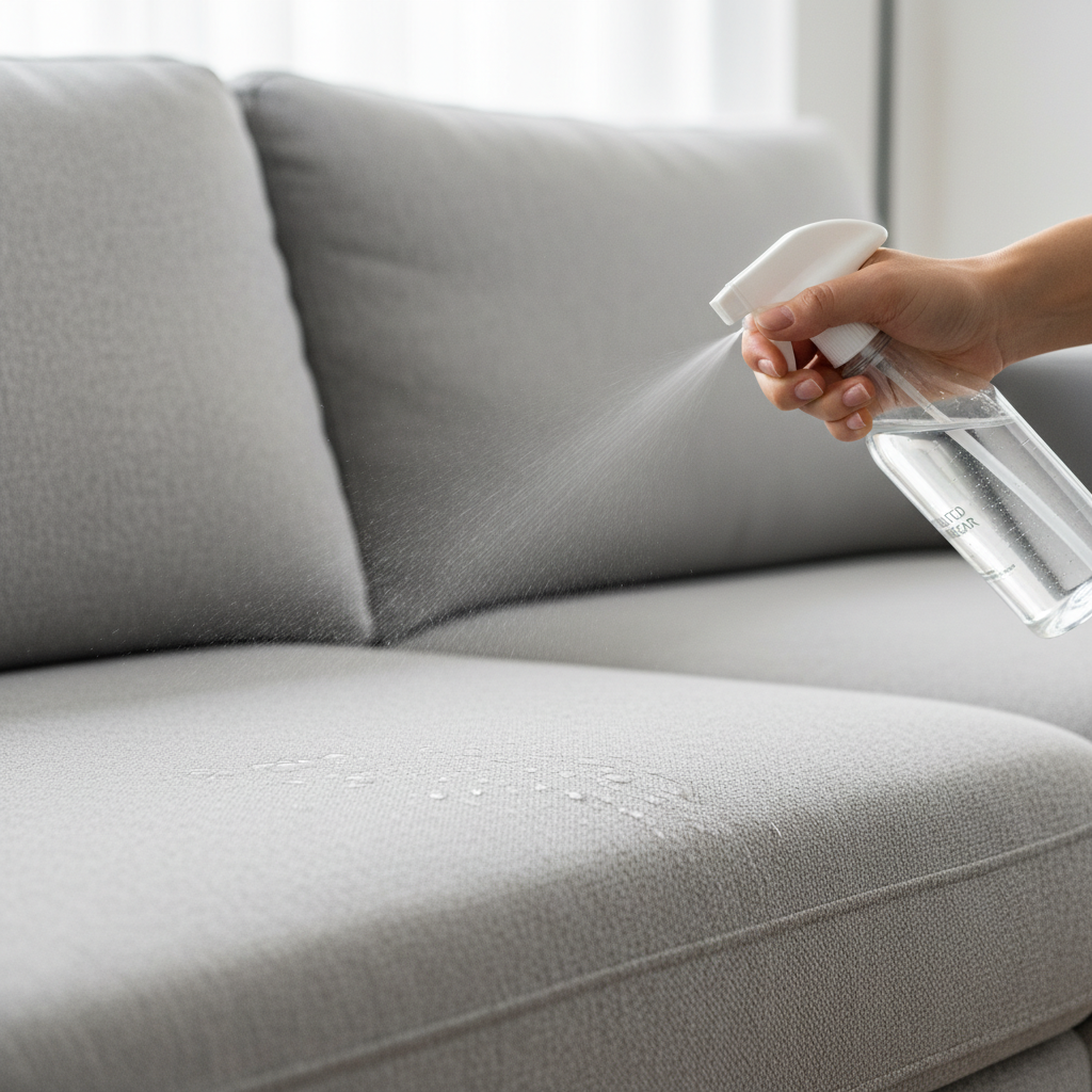 A close-up shot of a hand holding a spray bottle containing a clear liquid (representing diluted vinegar) and gently misting a section of a sofa's fabric upholstery. Fine droplets are visible on the fabric surface, suggesting a light and even application. The sofa is clean and modern in appearance, and the background is slightly blurred to keep focus on the cleaning action. Style: Bright, clean, and modern lifestyle photography.