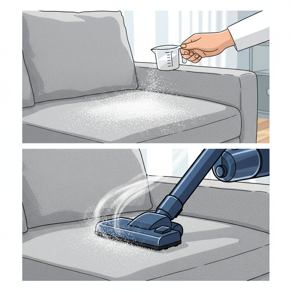 A two-part illustrative scene showcasing baking soda application. First, a hand is shown generously sprinkling a fine white powder (baking soda) across the surface of a sofa cushion, with the powder visibly settling on the fabric. Second, a close-up detail shows a vacuum cleaner nozzle actively suctioning the white powder from the sofa upholstery, demonstrating the removal and absorption process. Style: Clean, bright, step-by-step infographic style.
