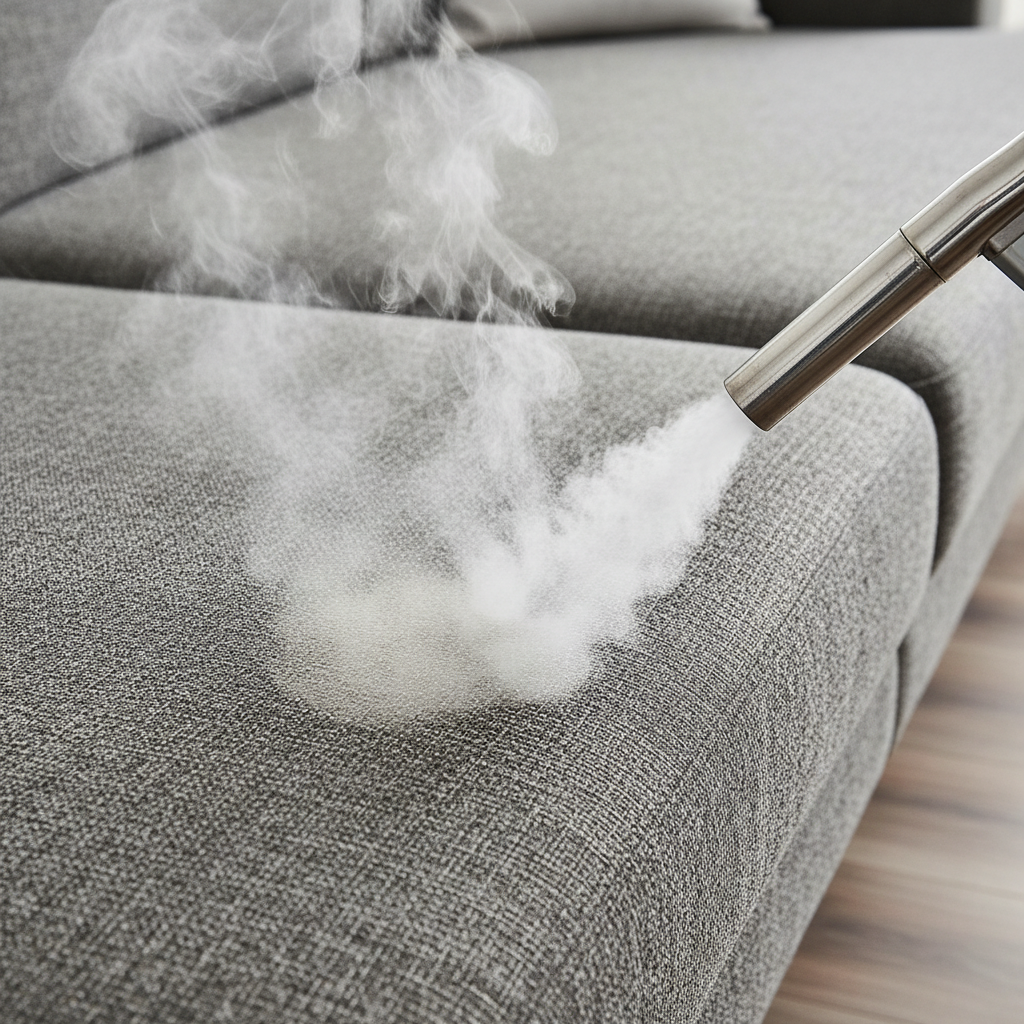 A close-up, dynamic shot focusing on a steam cleaner's nozzle as it glides over the upholstery of a modern fabric sofa. Clearly visible wisps of hot steam are emanating from the nozzle, subtly penetrating the sofa's fibers. A small, circular area directly under the nozzle should appear slightly refreshed and cleaner, hinting at the cleaning effect. The scene should be well-lit, emphasizing the steam's action. High-definition product photography style.