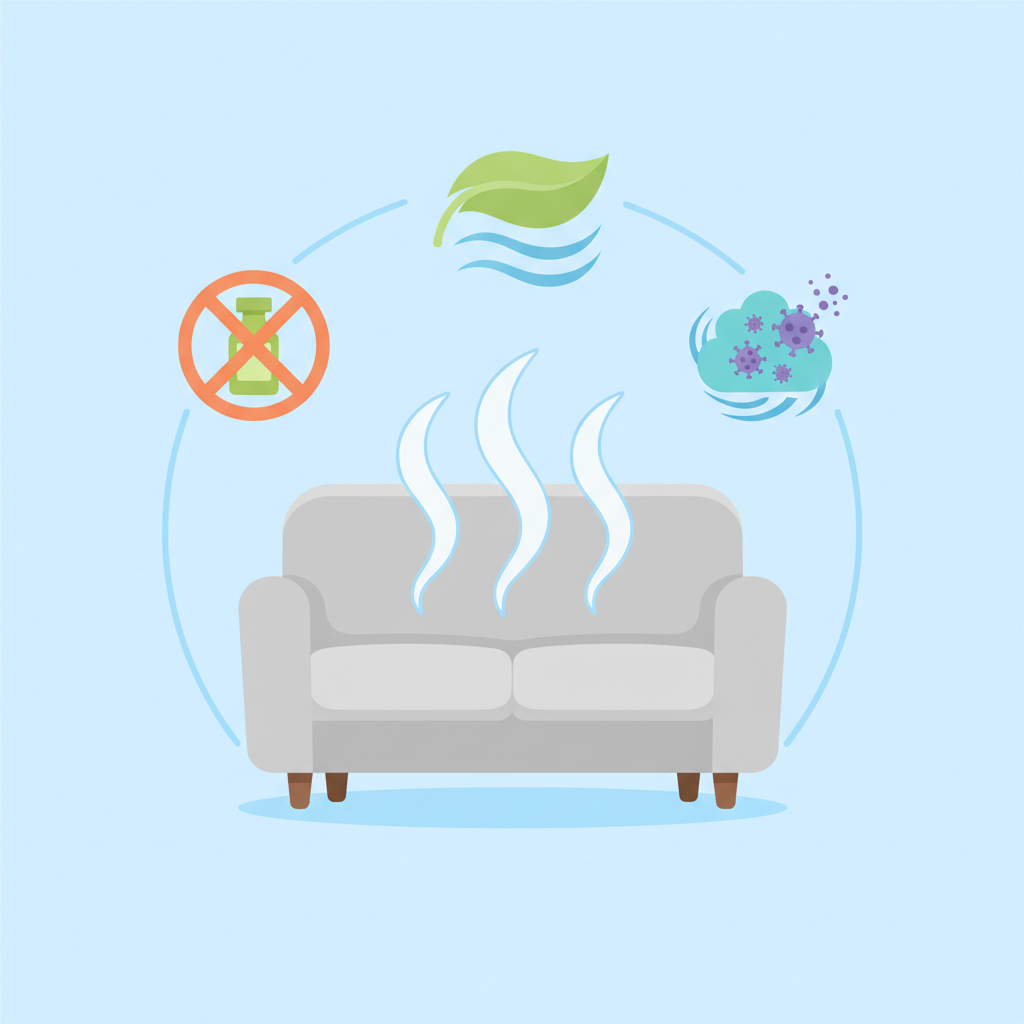 A clean, modern flat illustration visually representing the key benefits of steam cleaning a sofa. Show a stylized sofa with gentle, rising steam. Around the steam, subtle, universal icons or visual metaphors should depict: a 'no chemicals' symbol (e.g., a crossed-out chemical bottle), a 'hygiene' symbol (e.g., bacteria/germs disappearing), and a 'freshness' symbol (e.g., a subtle leaf or air wave). The overall aesthetic should be bright, friendly, and informative.