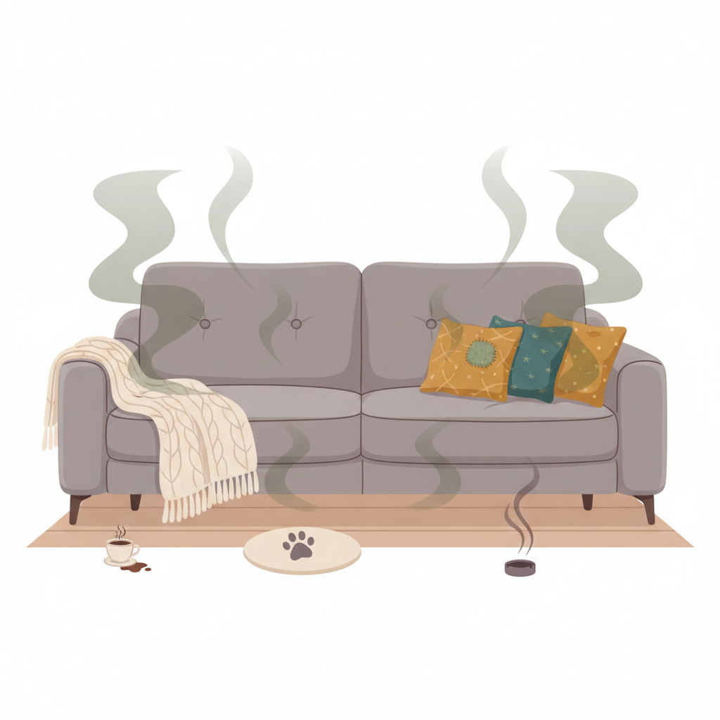 A cozy living room scene with a comfortable, modern sofa. From various points on the sofa, subtle, transparent wavy lines or faint greenish-brown wisps emanate, symbolizing an unpleasant odor. Surrounding the sofa are small, symbolic elements representing common odor sources: a tiny, stylized coffee cup with a spill mark, a generic pet paw print, a wisp of smoke curling upwards, and a small, almost invisible, fuzzy patch on a cushion hinting at moisture. The overall style is a clean, inviting vector illustration with a slightly muted color palette for the 'smell' elements.