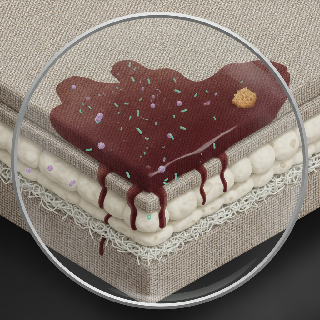 A detailed close-up, cut-away view of a sofa cushion's fabric and inner padding. A dark, wet-looking stain (like spilled coffee or wine) is deeply embedded in the fibers. Tiny, almost microscopic particles or bacteria shapes are visible within the stained area, suggesting decomposition and odor production. A small, stylized food crumb is also nestled deep within the fabric. The illustration should have a magnified, semi-realistic digital art style, highlighting the hidden causes of odor.