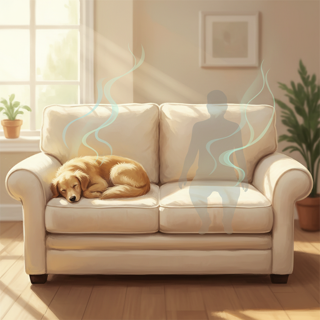 A comfortable, upholstered sofa in a bright living space. A fluffy, well-groomed cat or dog is curled up peacefully on one end of the sofa. However, emanating subtly from the pet's fur and the sofa fabric beneath it are transparent, wavy lines or a faint, diffused haze, indicating the presence of a pet odor. Additionally, a very subtle, almost ghost-like human silhouette impression is visible on another part of the sofa, with similar odor wisps, suggesting residual body odor. This should be a soft, inviting digital painting with a hint of an underlying issue.