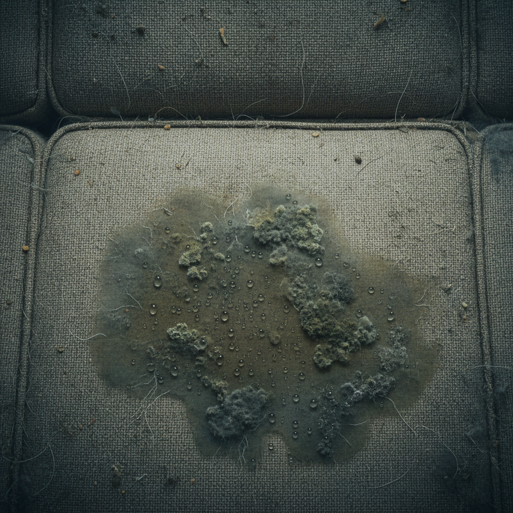 A detailed, slightly unsettling illustration of a hidden part of a sofa, such as the underside of a cushion or a lower back panel. A noticeable damp patch, darker than the surrounding fabric, is visible, with tiny droplets of moisture clinging to the fibers. Small, fuzzy green or grayish patches of mold or mildew are clearly depicted within this damp area, emphasizing the fungal growth. The style should be a realistic digital illustration with a cool, slightly desaturated color palette to convey dampness and an unhealthy environment.