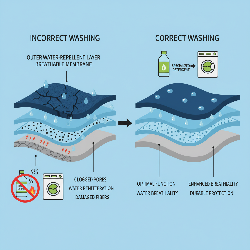 An infographic-style illustration depicting the cross-section of a softshell jacket material with three distinct layers clearly visible: an outer water-repellent layer, a breathable membrane in the middle, and an inner moisture-wicking layer. On one side, show symbols of incorrect washing practices (e.g., a bottle of harsh detergent with a 'no' sign, a washing machine with high-temperature icons) leading to negative impacts like clogged pores, water penetration, and damaged fibers, visually represented by cracks or faded colors. On the other side, illustrate correct washing practices (e.g., specialized detergent, gentle cycle icons) leading to a pristine, functional fabric. Use a clear, instructive visual language with minimal text labels for each layer and concept.