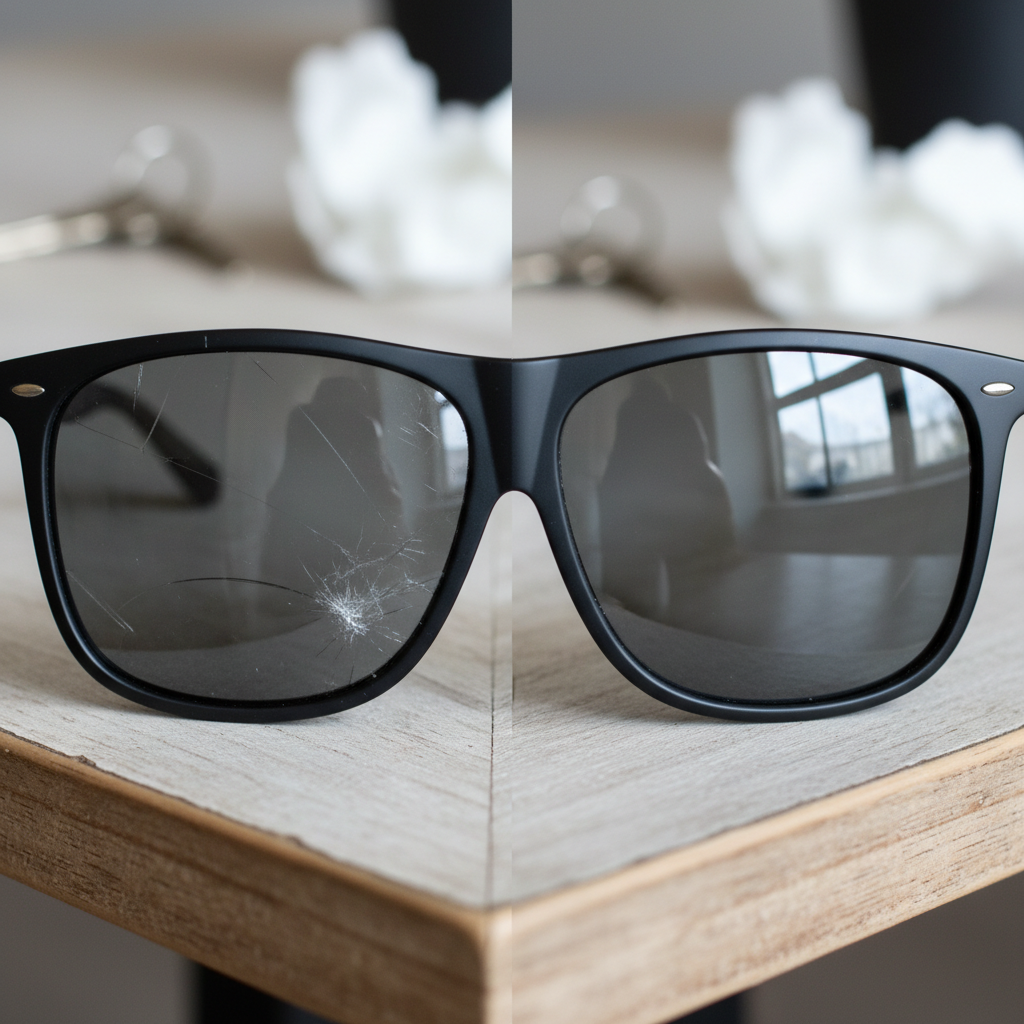 A high-definition, close-up split image of a modern pair of sunglasses. One half of the image features a sunglass lens heavily covered in various types of scratches, making the view through it visibly distorted and hazy. The other half shows the same lens, perfectly clear, pristine, and highly reflective, suggesting a successful repair. In the soft-focus background, subtle elements like a rough-textured table corner, a few loose keys, and a crumpled paper tissue hint at common causes of damage. Professional product photography with a stark visual contrast.