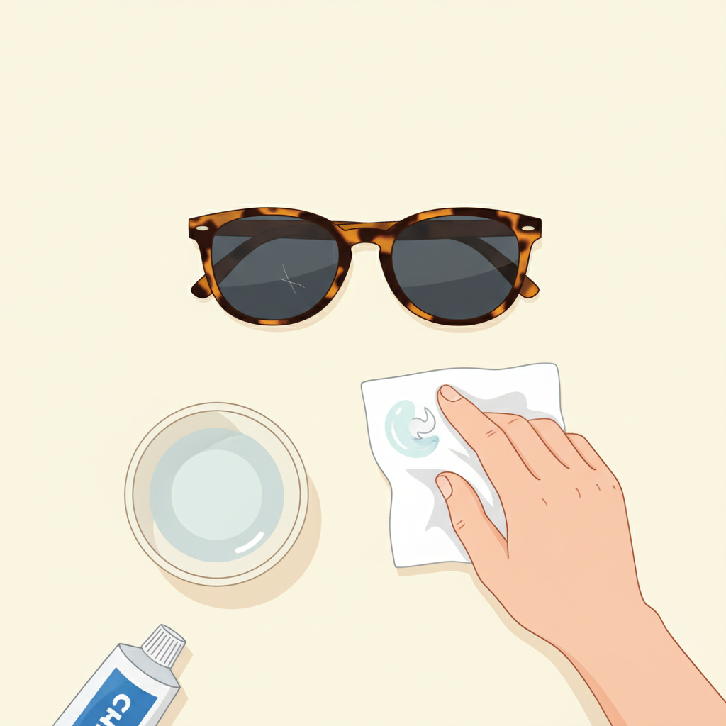 A bright, clean flat lay illustration depicting the process of removing light scratches from sunglasses. A stylish pair of sunglasses rests on a smooth, light-colored surface. A hand, gently holding a soft microfiber cloth, applies a small, non-gel toothpaste blob in a circular motion on one of the sunglass lenses, specifically targeting a visible scratch. A partially squeezed tube of toothpaste and a small bowl of water are neatly arranged nearby. The focus is on the careful, precise action of polishing.