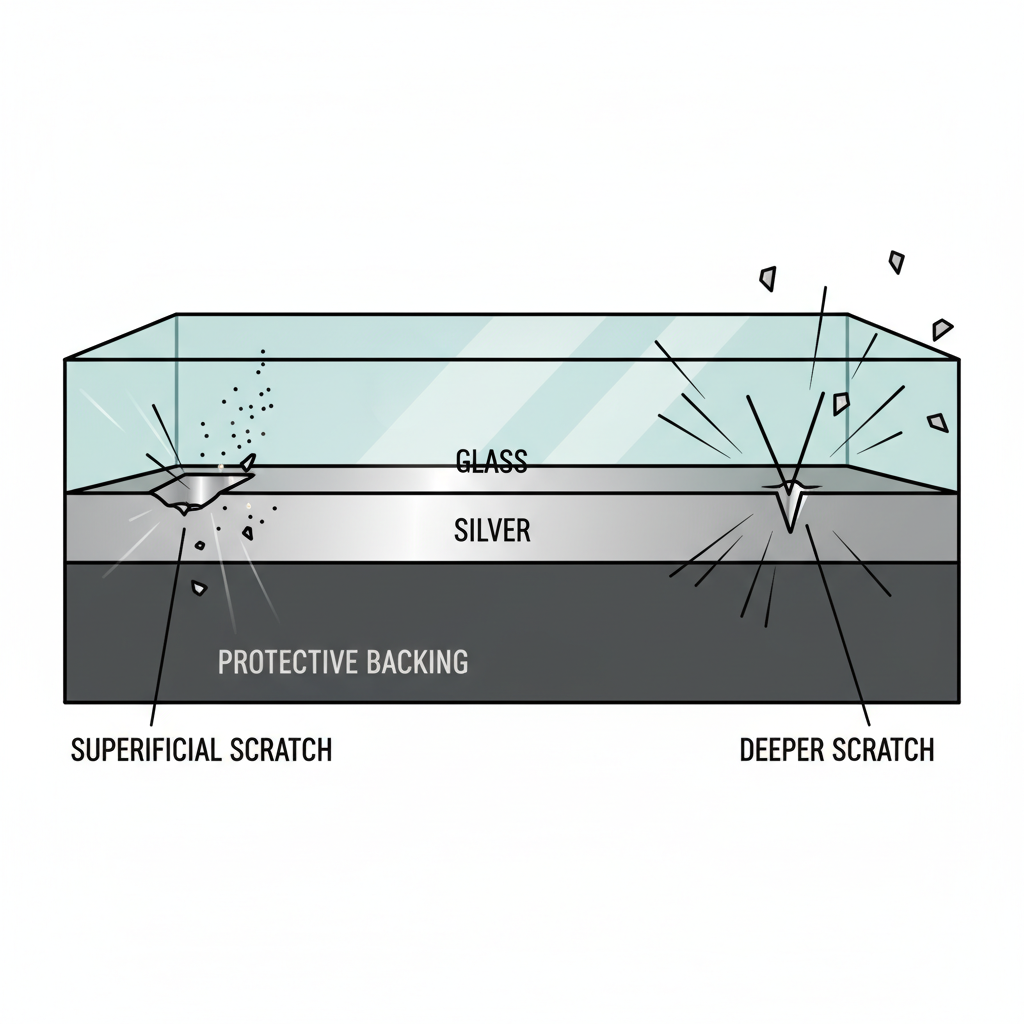 A detailed cross-section diagram of a mirror, showcasing its layers: a thick glass layer, a thin reflective silver layer beneath it, and a protective backing. On the left side, a superficial scratch is depicted, barely indenting the top glass layer. On the right side, a deeper scratch is shown, penetrating further through the glass and slightly disturbing the silver layer. Tiny, sharp abrasive particles (like sand or metallic dust) are illustrated impacting the mirror surface, highlighting the cause of the scratches. The overall style should be a clean, scientific infographic illustration with a clear distinction between the layers and scratch depths.