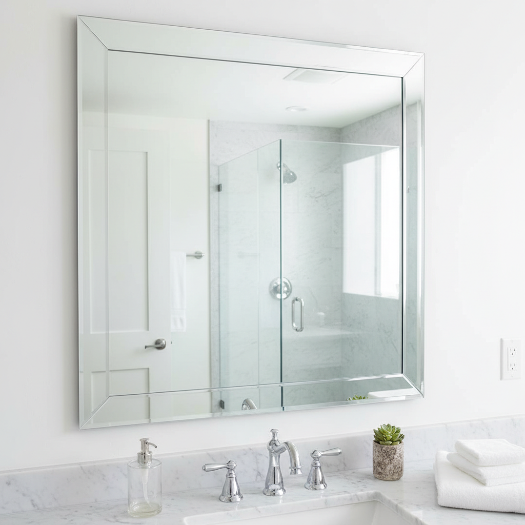 A professional, brightly lit photo of a sparkling clean, frameless bathroom mirror reflecting a freshly cleaned and organized bathroom. The mirror shows no streaks or smudges, appearing absolutely pristine. The reflection should be sharp and clear, emphasizing the 'streak-free' aspect. Include subtle hints of light reflecting off the mirror's surface to enhance the sense of cleanliness and shine. The overall mood should be fresh, clean, and inviting.