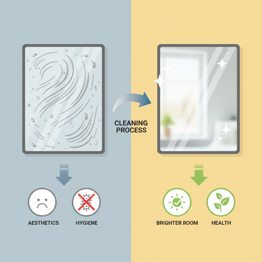 An infographic-style illustration depicting the difference between a streaky mirror and a clean one. On the left, a mirror with visible streaks, water spots, and smudges. On the right, the same mirror appears perfectly clear and reflective, with stylized 'sparkle' or 'shine' icons. Arrows or infographic elements could connect the 'dirty' mirror to negative impacts (e.g., 'Aesthetics', 'Hygiene') and the 'clean' mirror to positive outcomes (e.g., 'Brighter Room', 'Health'). The style should be clean, modern, and easy to understand at a glance.