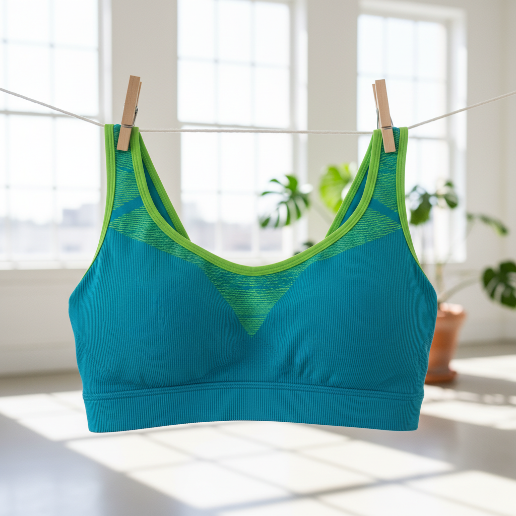 A professional photo of a modern, vibrant sports bra, meticulously clean and appearing new, perhaps hanging on a minimalist clothesline in a bright, airy space. The focus should be on the fabric's texture and elasticity, conveying freshness and quality. Accent colors could be blues or greens to symbolize cleanliness and health.