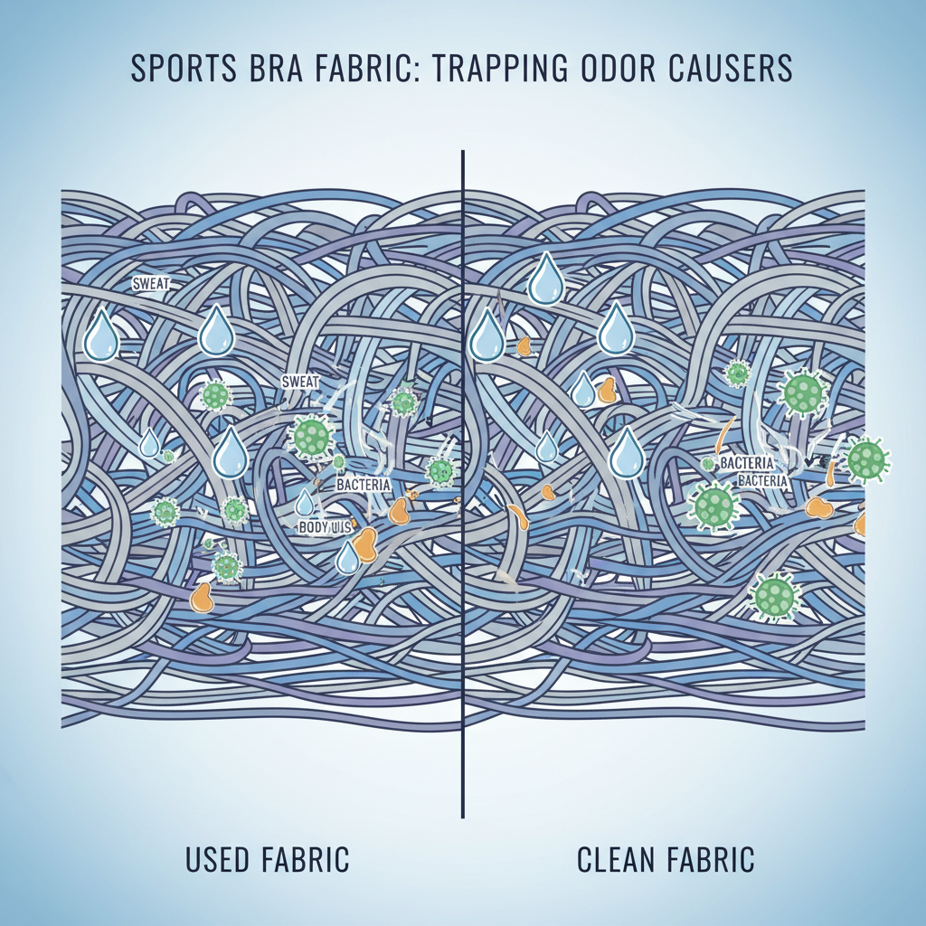 An infographic-style illustration depicting the internal structure of a sports bra's fabric. Show magnified fibers (polyester, nylon, elastane) where sweat, oils, and bacteria are trapped. Contrast this with clean fibers. Use icons to represent sweat droplets, bacteria, and body oils. The style should be clean, precise, and educational, with a professional color palette.