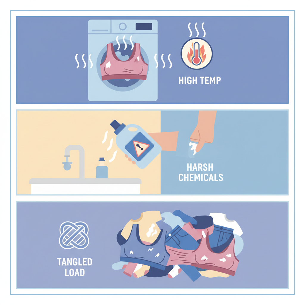 A detailed flat illustration showing common washing mistakes for sports bras. One panel could illustrate a sports bra being machine-washed with too high a temperature setting (indicated by a thermometer icon and steam), another showing it being washed with harsh detergents (indicated by a 'danger' sign on a detergent bottle), and a third showing it tangled with other clothes. Use a soft, inviting color palette despite the 'mistake' theme to keep it blog-friendly.
