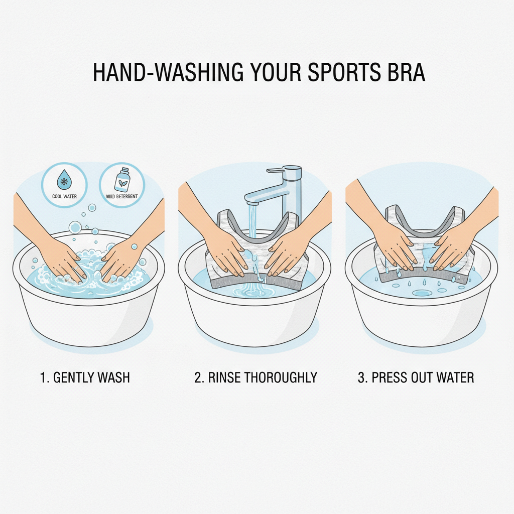 A step-by-step diagram illustrating the process of hand-washing a sports bra. Show hands gently washing the bra in a basin, then rinsing, and finally carefully pressing out excess water. Include small icons for mild detergent and cool water. The style should be a clean, semi-realistic illustration with a focus on gentle, careful handling, emphasizing softness and care for delicate fabrics.