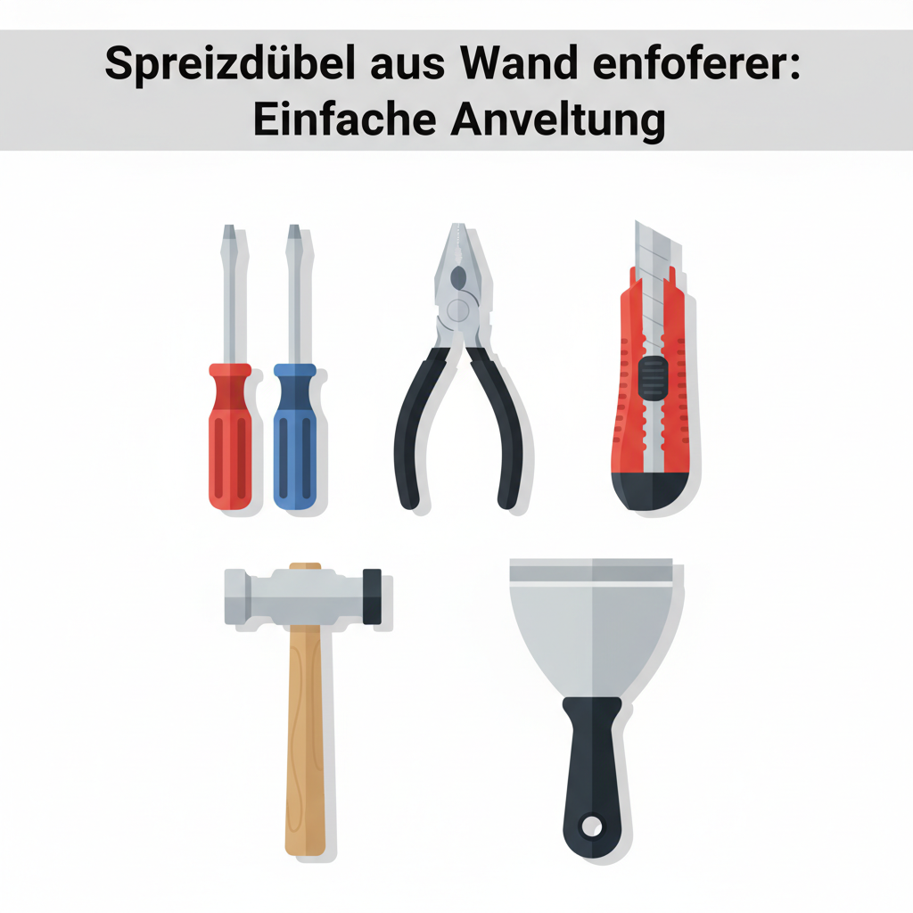 A detailed, flat lay vector illustration showcasing essential tools for Spreizdübel removal. Arrange items neatly on a clean white background: a set of screwdrivers (flathead, Philips), long-nose pliers, a utility knife, a small hammer, and a spackle knife. Each tool should be clearly recognizable and rendered with precision, suitable for a DIY guide and visually appealing.
