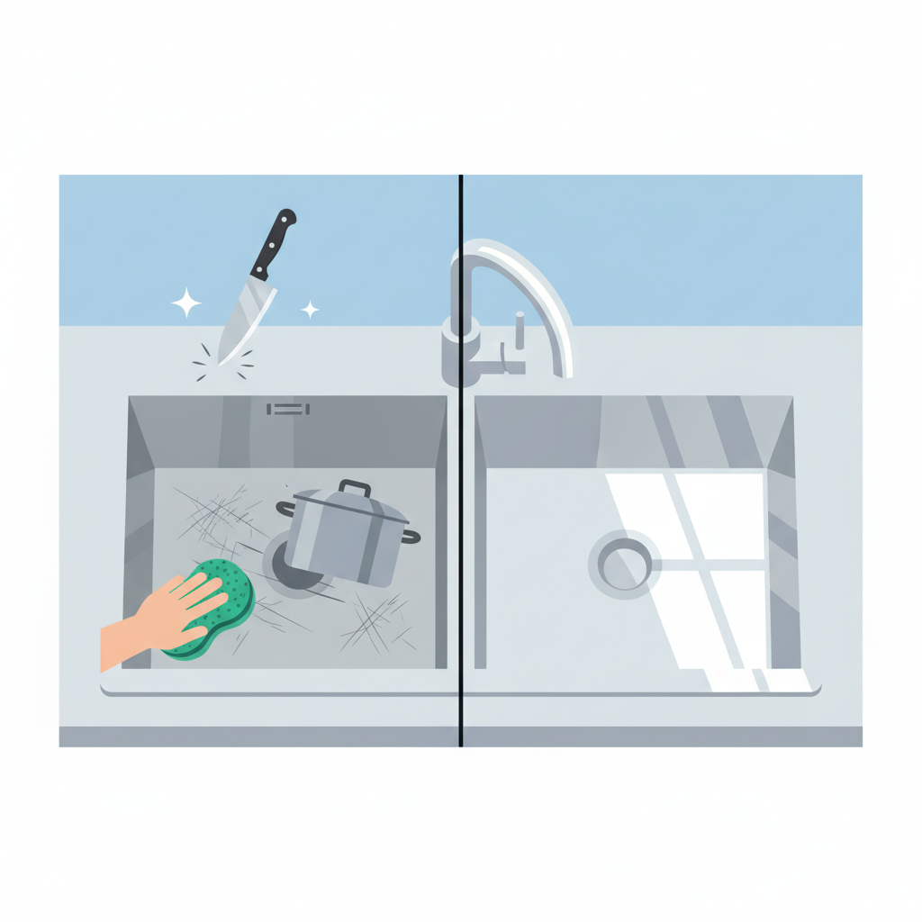A split-view flat illustration of a modern kitchen sink. One half of the sink is visibly scratched and dull, depicting common damage. Around this damaged section, small, symbolic elements illustrate typical causes: a sharp knife falling, a metal pot being dragged across the surface, and a hand using a rough, abrasive scrubber. The other half of the sink appears perfectly pristine and gleaming. The illustration should use clean lines and professional, bright colors, clearly contrasting the damaged and immaculate surfaces without any text.