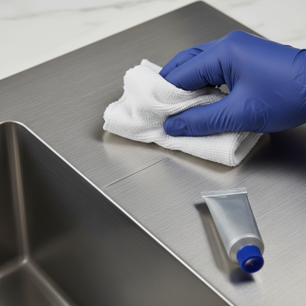 A close-up, professional photo-style image focusing on a section of a brushed stainless steel kitchen sink. A subtle but clear linear scratch is visible. A hand, possibly wearing a protective glove, is seen gently polishing the scratch with a soft, clean cloth. Next to the cloth, a small, generic, unlabelled bottle or tube of polishing compound is present. The visual direction of the polishing motion should subtly follow the grain of the stainless steel, suggesting the correct technique. The area actively being polished should appear slightly smoother and shinier, indicating the repair in progress.