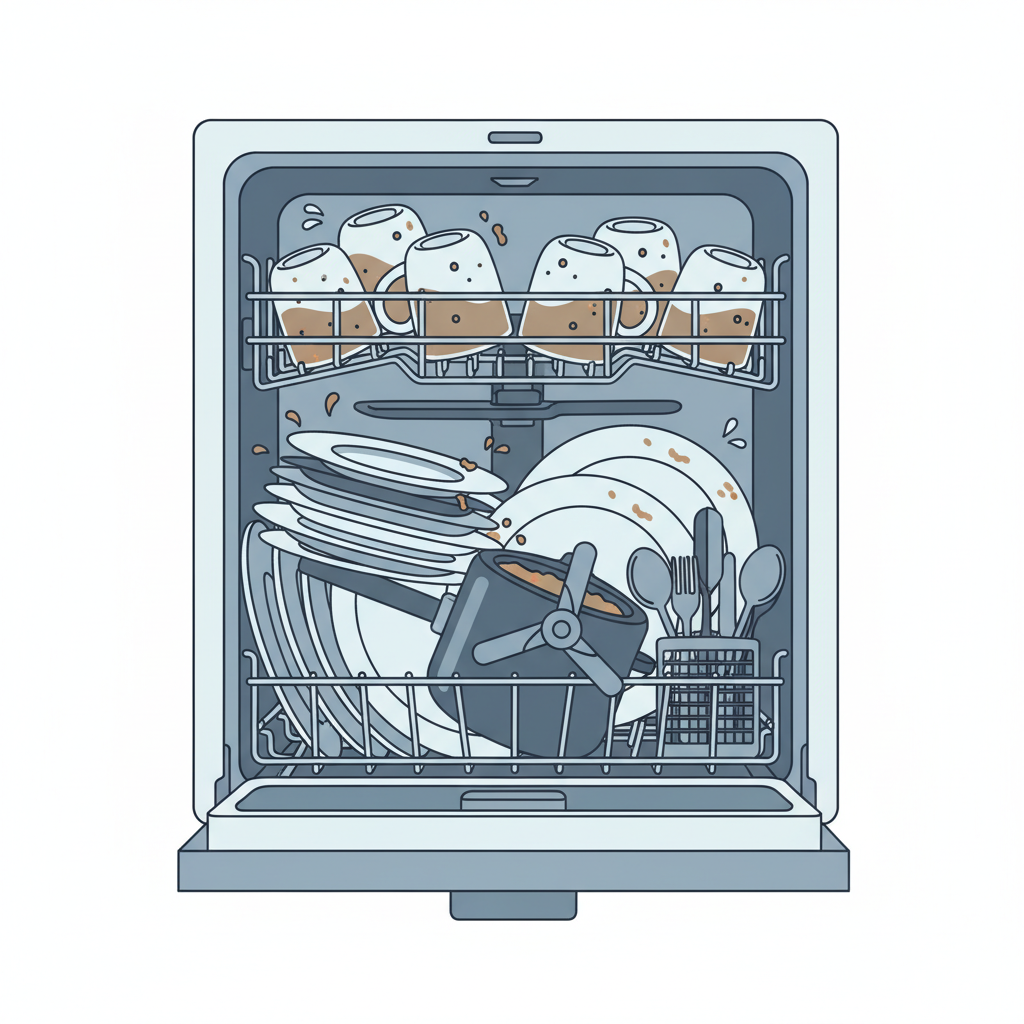 A visually striking flat illustration showing the interior of a modern dishwasher. The lower rack is clearly overloaded with plates stacked haphazardly, some overlapping, while a large pot obstructs one of the spray arms. In the upper rack, several cups are upside down and filled with dirty water, showcasing poor loading technique that prevents proper cleaning. The overall impression is messy and inefficient, highlighting the problem of incorrect dish placement.