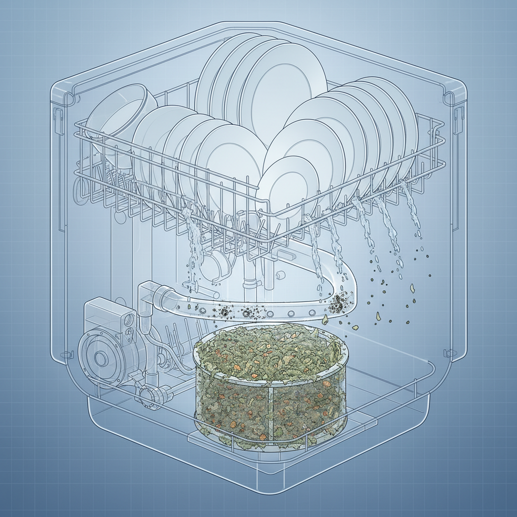 An intricate cutaway diagrammatic illustration of a running dishwasher. One transparent spray arm shows visible blockages in its nozzles, represented by small dark particles. The filter at the bottom of the machine is depicted covered in food debris and grime. Water jets are shown weakly or partially reaching dishes due to these blockages, emphasizing how critical clean components are for effective washing. The style is clean, technical, and slightly translucent to show inner workings.