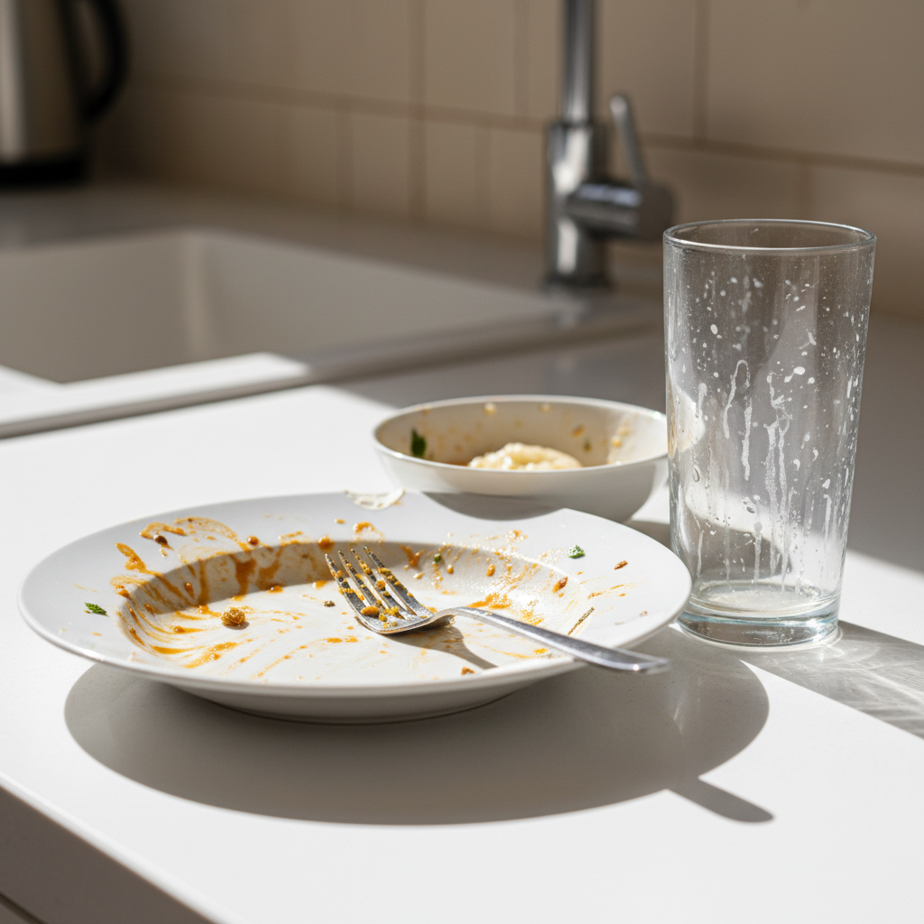 A high-quality, professional still-life photograph capturing a collection of freshly 'unloaded' dirty dishes on a clean kitchen counter. A ceramic plate prominently displays dried food remnants, a clear drinking glass has noticeable streaks and cloudiness, and a metal fork still has bits of food stuck between its tines. The lighting is bright and clear, accentuating the frustration of an unsuccessful wash cycle. The background is softly blurred to keep focus on the uncleaned items.