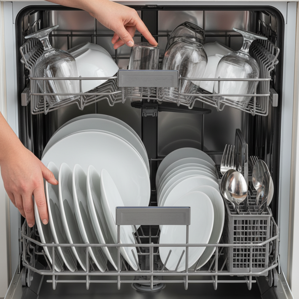 A bright, clean professional photo showing a close-up of hands correctly organizing dishes inside a modern dishwasher. Large plates are neatly spaced in the lower rack, facing the center, while small bowls and glasses are carefully placed in the upper rack, ensuring no overlap. The scene conveys effective loading for optimal water circulation and cleaning. The lighting is natural and inviting, suggesting a simple, actionable solution.