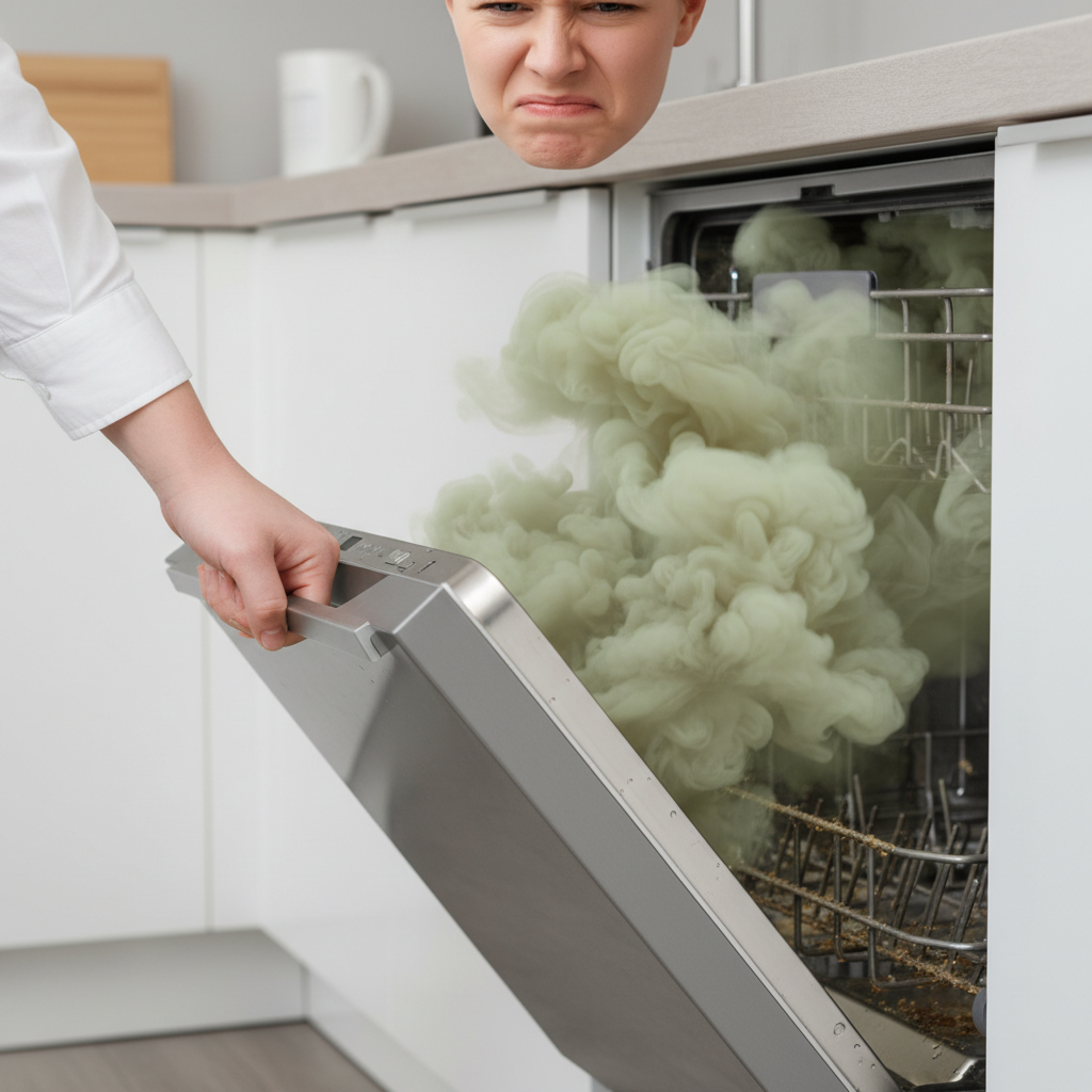 A professional photo of a person's hand opening a modern dishwasher. As the door slightly opens, a visible, stylized cloud of unpleasant, greenish-brown vapor or swirling lines emanates from inside, suggesting a strong bad odor. The person's face is partially visible, showing a slight grimace or expression of discomfort. The dishwasher interior should appear subtly grimy or damp, hinting at the source of the smell.