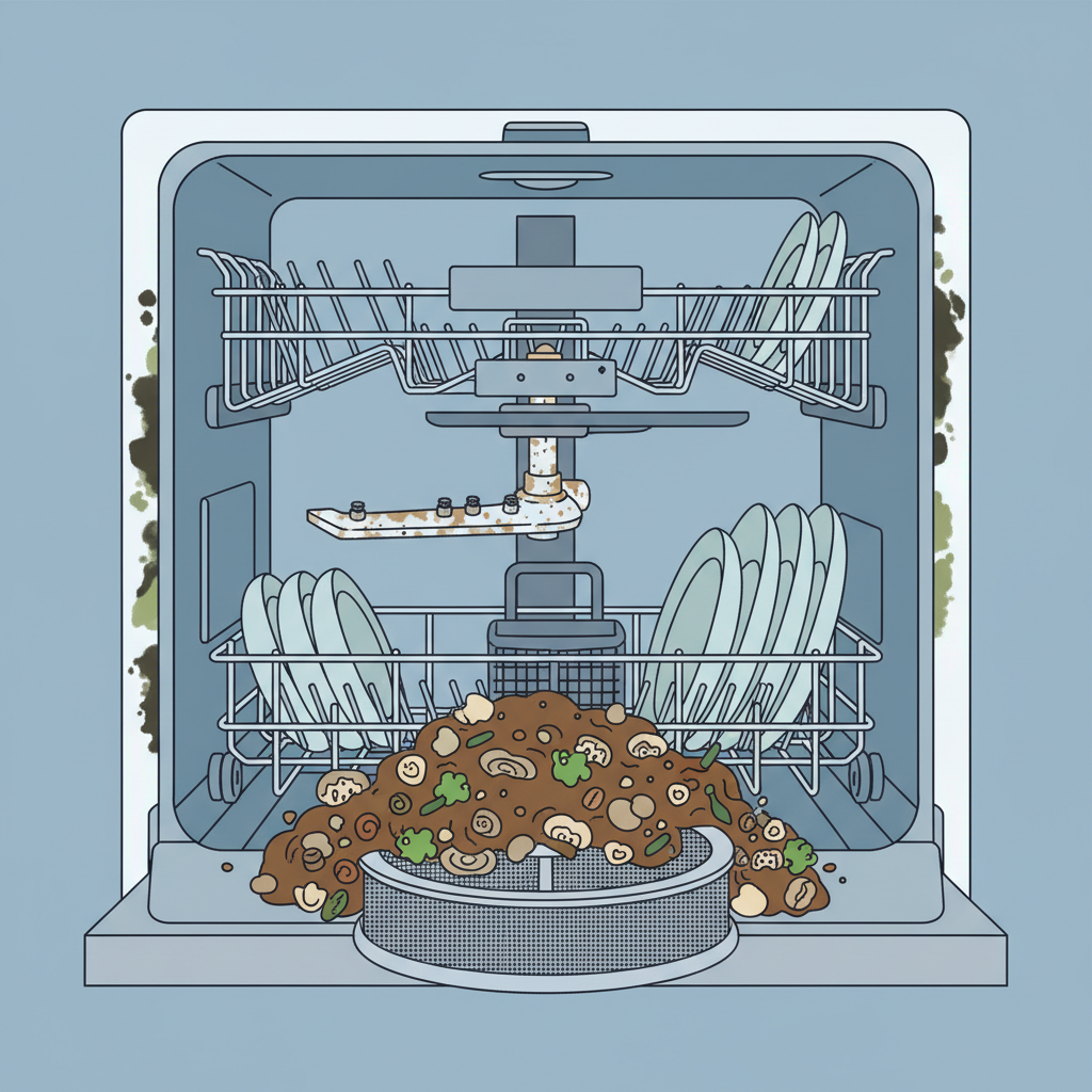 A clean, detailed infographic-style illustration of a dishwasher's interior, viewed as a cutaway. Key problem areas are visually highlighted without text: a clogged filter at the bottom overflowing with stylized food residues, a spray arm with visible grime and small blockages in its nozzles, and dirty, mildewed rubber door seals around the opening. Each area should be distinct and visually emphasized to show accumulation of dirt.