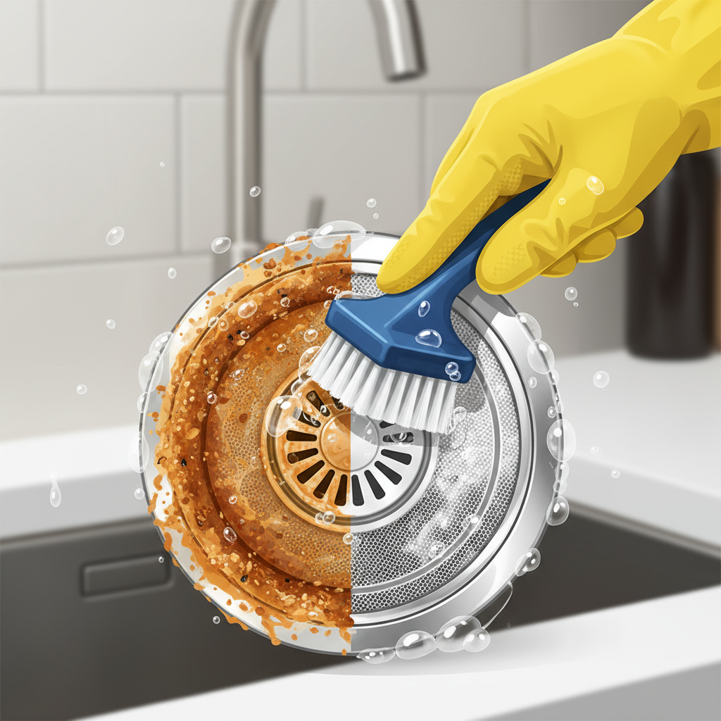 A close-up, vibrant digital illustration focusing on the act of cleaning a dishwasher component. A hand in a cleaning glove is actively scrubbing a dirty dishwasher filter or a section of the door seal with a small brush or sponge. One side of the component is visibly encrusted with food particles and grime, while the other side is sparkling clean, illustrating a 'before and after' effect of cleaning. Water droplets and subtle suds add to the cleaning narrative.