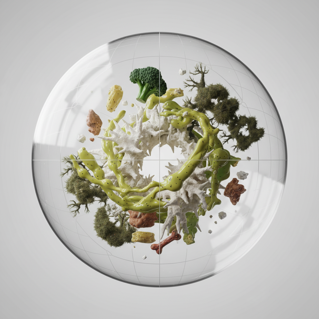 A conceptual 3D render or modern vector illustration depicting a collection of common odor-causing elements within a stylized 'invisible' sphere representing the dishwasher's interior. Prominently featured are decaying food scraps, blobs of grease, jagged white limescale formations, and abstract representations of mildew or bacterial colonies. These elements are arranged to convey their combined contribution to an unpleasant smell, without any actual stink lines, but rather through their inherent visual unpleasantness.