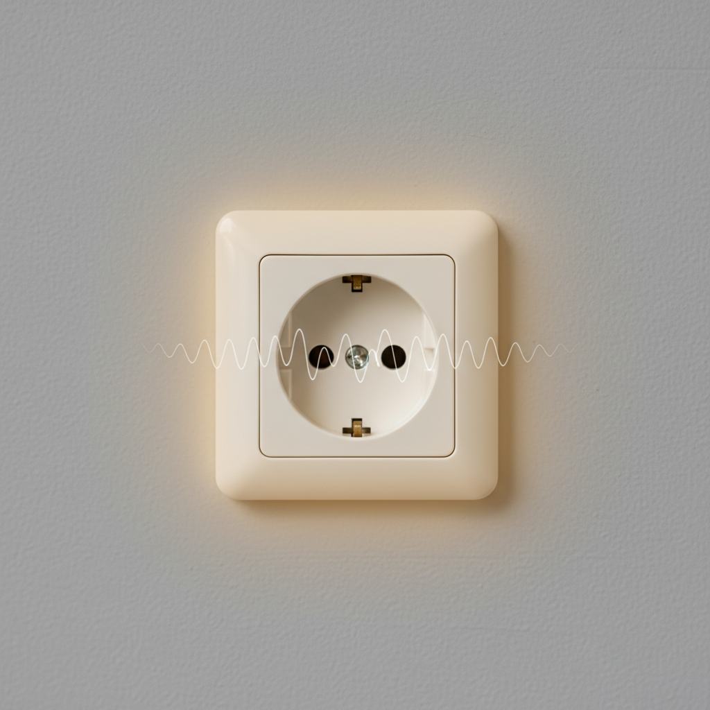 A professional, slightly stylized close-up photo of a standard European wall outlet. The outlet subtly emits a soft, faint yellow-orange glow around its edges, indicating heat, and very subtle, nearly imperceptible wavy lines emanate from the outlet's face, visually suggesting vibration or a humming sound. The surrounding wall is neutral and clean, keeping the focus entirely on the potentially problematic outlet. The overall mood should be informative but with a slight hint of concern.