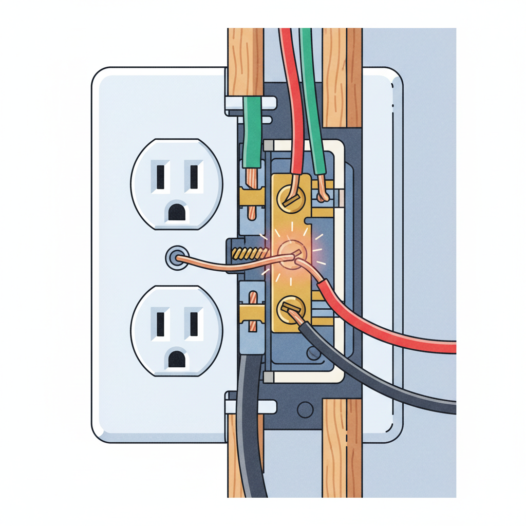 An educational infographic-style illustration depicting a cutaway view of a wall-mounted electrical outlet. Show the internal wiring, specifically focusing on a screw terminal where a copper wire is visibly loose. A small, subtle spark or a faint red glow should emanate from the loose contact point, clearly illustrating friction and potential overheating. The internal components should be clearly distinguishable, with different colored wires connecting to the terminals, emphasizing the internal structure.