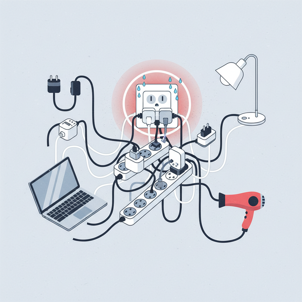 A modern flat illustration showing a typical wall outlet from which an excessive number of plugs are connected via multiple power strips and adapters. Appliances like a laptop, smartphone charger, hairdryer, and a lamp are implied by their cords leading away from the outlet. The wall outlet itself appears slightly stressed, with a subtle visual cue like a faint red aura or a slight 'sweat' effect around it, symbolizing an overloaded electrical circuit without explicit smoke or fire.