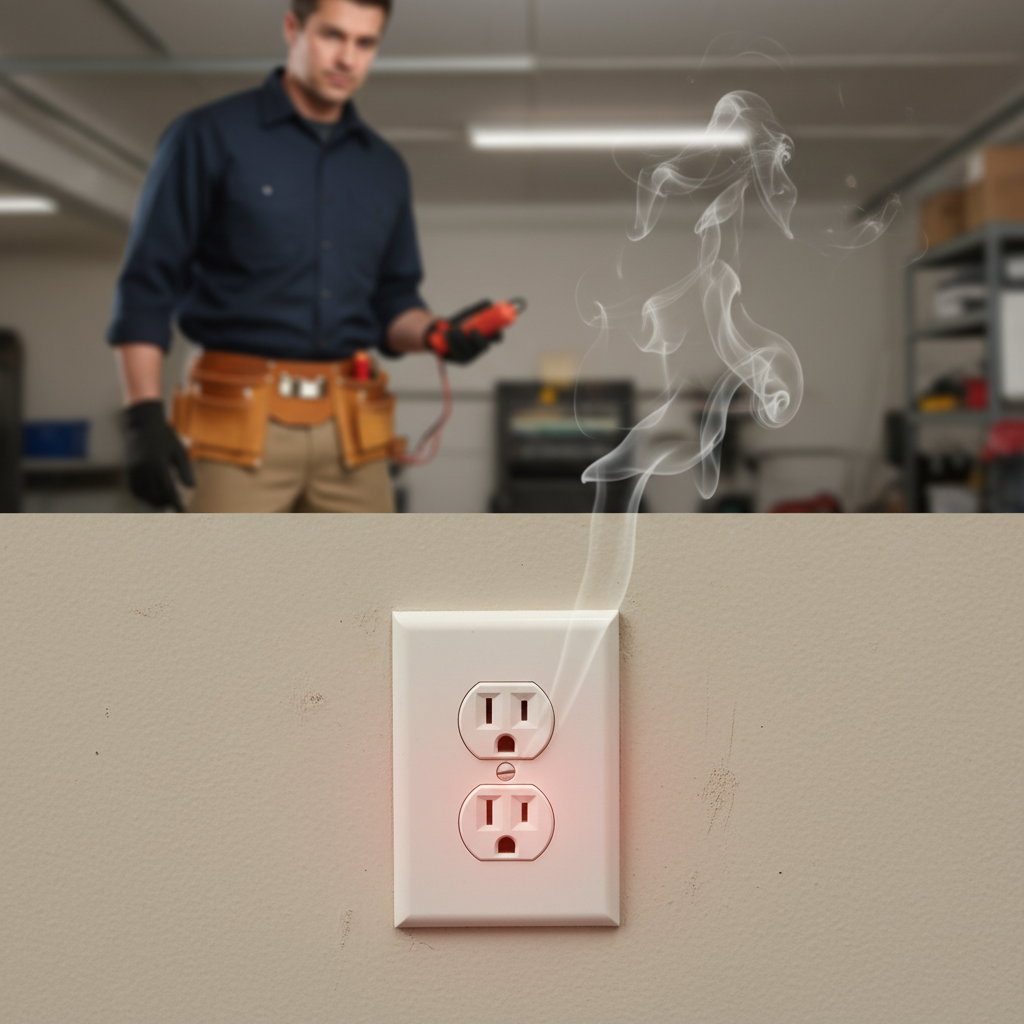 A realistic digital painting or a professional photo with a slightly desaturated color palette. Focus on an electrical wall outlet where a faint wisp of smoke is visibly curling upwards from its face, or a subtle reddish heat glow emanates from within. In the softly blurred background, a professional electrician, identifiable by typical work attire and possibly holding tools (like a screwdriver or multimeter), is observing or approaching the faulty outlet, suggesting a call for expert intervention due to danger.
