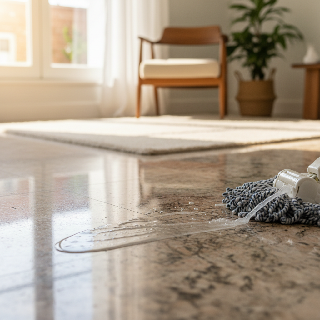 A professional photo, taken from a slightly elevated angle, showing a sparkling clean, polished stone floor (a mix of granite and marble textures) reflecting ambient light. In the foreground, a gentle stream of water or a cleaning solution is being applied with a soft mop or microfiber cloth, implying active cleaning. The background should be slightly blurred, showing a cozy, well-maintained home interior, perhaps with sunlight streaming in through a window. The overall impression should be one of freshness, cleanliness, and effortless maintenance.