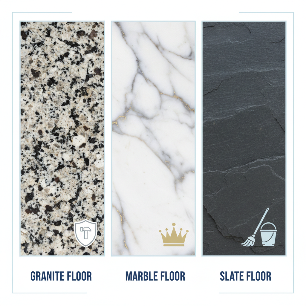An infographic-style illustration depicting three distinct sections, each showcasing a different type of stone floor. Left section: A close-up of a granite floor with its characteristic speckled pattern, next to a small icon representing durability (e.g., a shield). Middle section: A close-up of a marble floor with elegant veining, accompanied by an icon representing luxury or elegance (e.g., a crown or a flowing fabric). Right section: A close-up of a slate or fine stoneware floor, showing its unique texture, with an icon representing everyday maintenance (e.g., a mop or a bucket). Each section should have subtle, clean lines and colors, and a short, descriptive label for the stone type.