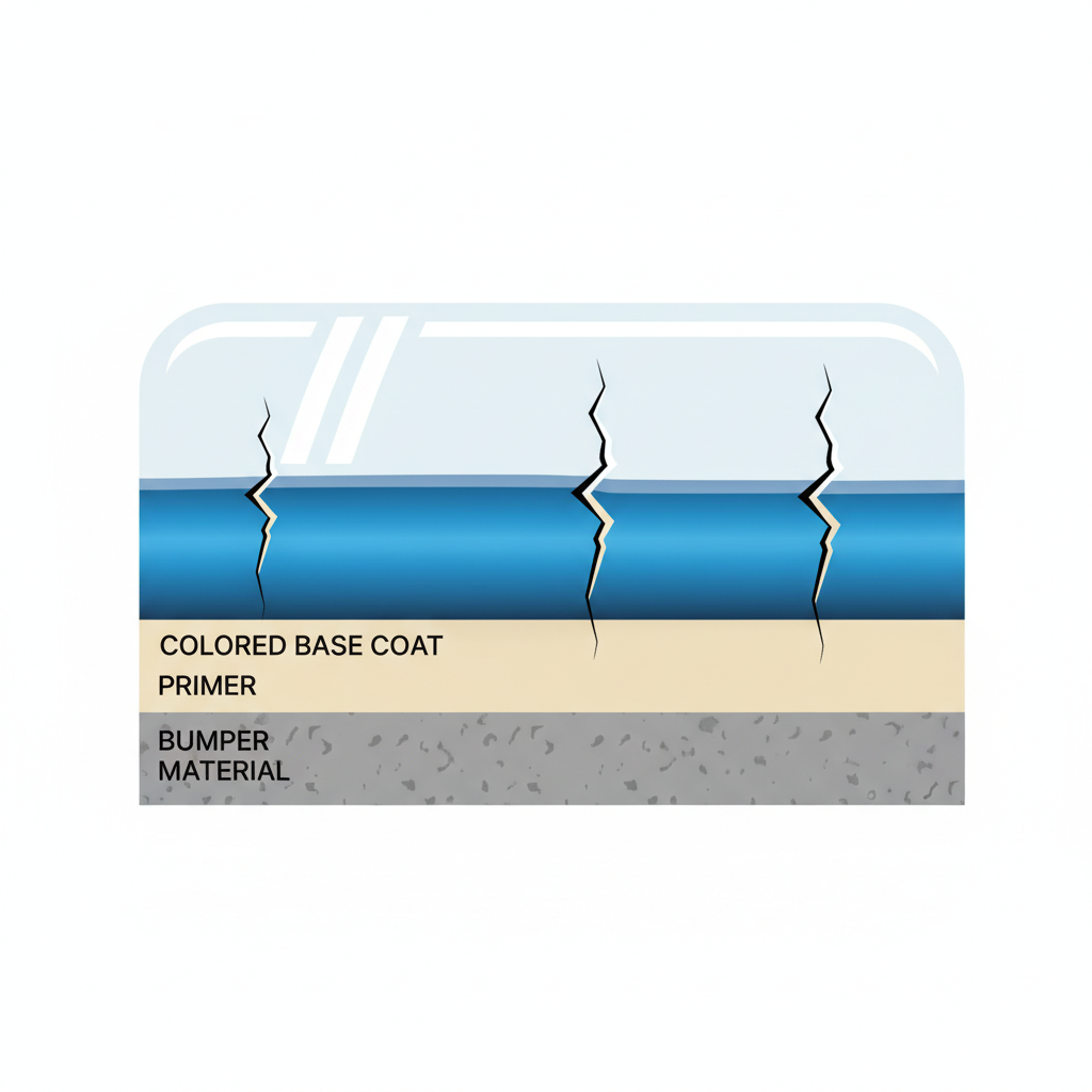 An infographic-style illustration depicting a cross-section of a car bumper's paint layers. The layers should be clearly visible: bumper material at the bottom, followed by primer, a colored base coat, and a clear top coat. Three distinct scratches should be shown penetrating these layers at different depths. One scratch is superficial, only affecting the clear coat. A second scratch extends into the base coat. The third, deepest scratch, penetrates all layers down to the primer or bumper material. The illustration should be clean, informative, and visually distinguish the layers and scratch depths without any text or labels on the image itself.