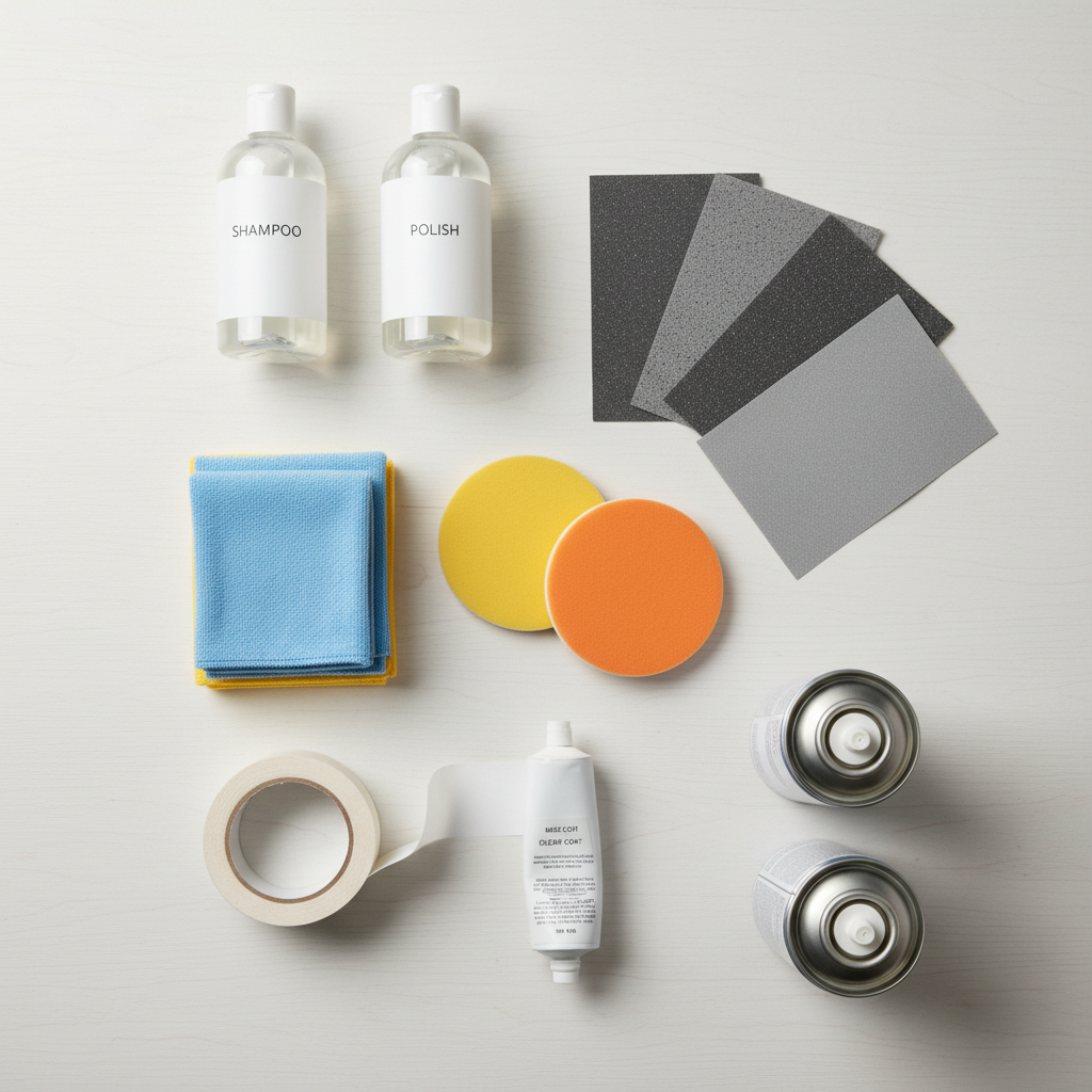 A professional flat lay photo showcasing a comprehensive collection of car scratch repair materials neatly arranged on a clean, light-colored surface. The items should include generic bottles of car shampoo and polish, several clean microfiber cloths, a variety of fine-grit wet sandpaper sheets (visually distinguishable by texture or subtle color difference, not text), foam polishing pads, and a roll of painter's masking tape. Optionally, a tube of car filler and two generic spray cans (base coat and clear coat) could be included. The composition should be well-lit and organized, free of any brand logos, labels, or text.