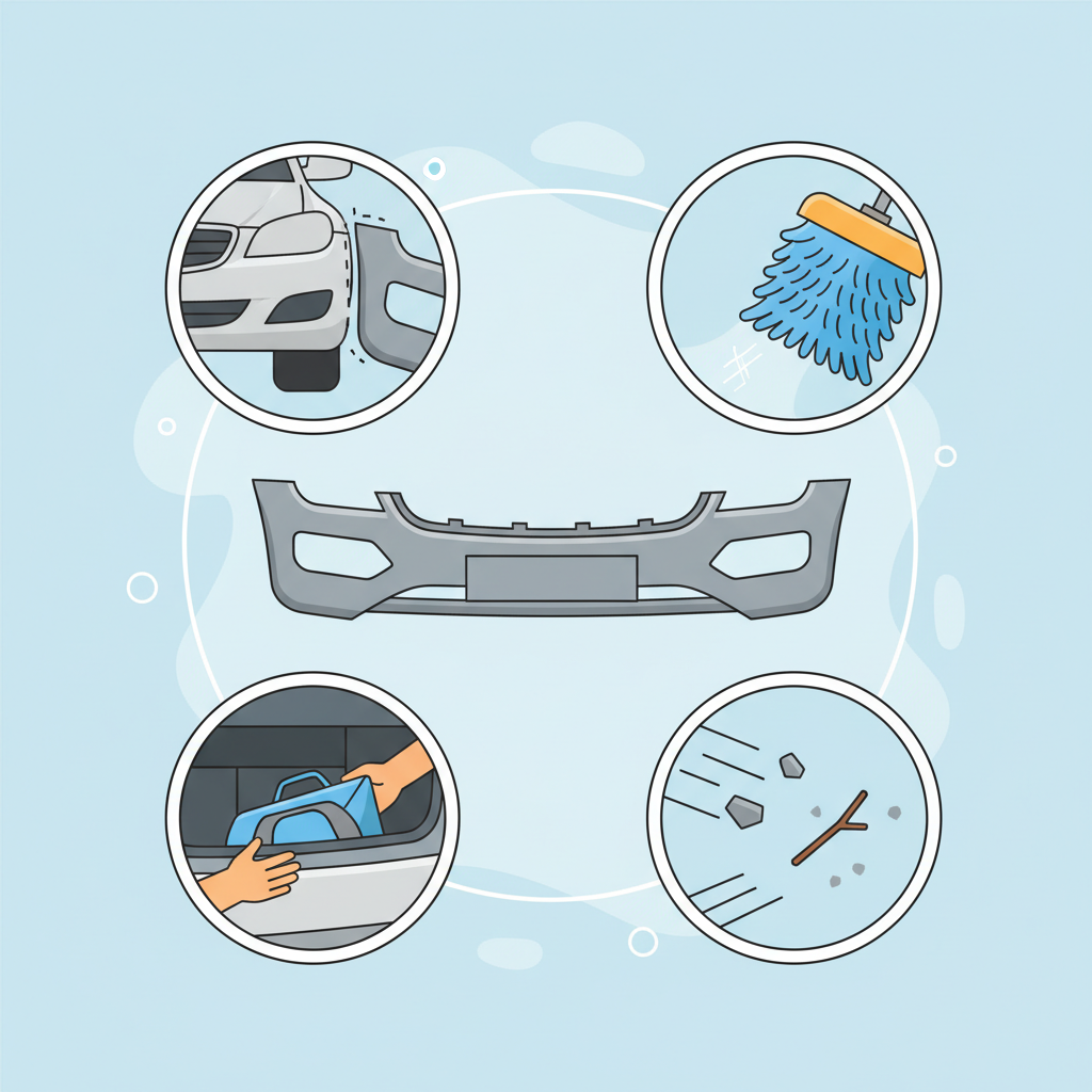 A detailed flat illustration depicting a car's plastic bumper as the central element. Around the bumper, several smaller, illustrative vignettes show common causes of scratches. These include a subtle depiction of another car's bumper lightly bumping it during parking, a soft car wash brush, a person loading a trunk with an object barely touching the bumper, and tiny pebbles or a small branch flying towards it. The overall style should be clean, modern, and easily understandable, highlighting the sources of damage in a visual montage.