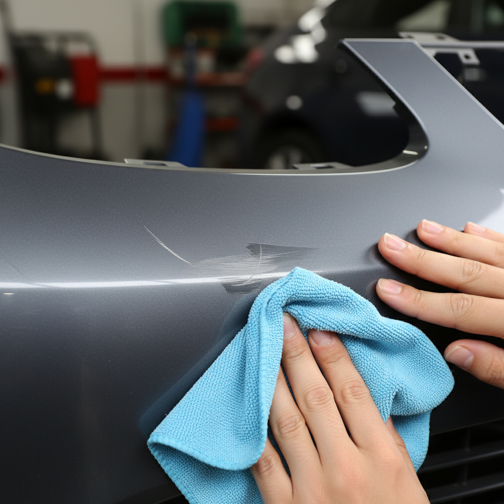 A close-up, professional-quality photo focusing on a section of a car's plastic bumper. The bumper has a visible, light scratch. A pair of hands is gently wiping the scratched area with a clean, soft microfiber cloth, possibly having just applied a small amount of plastic polish or scratch remover. The background is slightly blurred, keeping the focus entirely on the bumper and the action of treatment. The lighting should be bright and even, emphasizing the detail of the surface and the process.