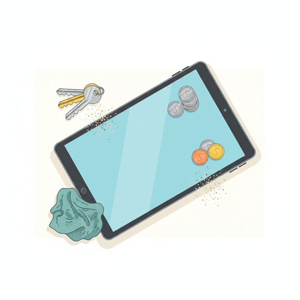 A modern, sleek tablet lying on a surface, surrounded by various common culprits for scratches. Keys, coins, and small grains of sand or dust are subtly scattered near the screen, hinting at potential damage. A small, rough-textured cleaning cloth is positioned near one corner. The overall scene should convey the vulnerability of the screen to everyday items. Use a clean, modern flat illustration style with a bright color palette, emphasizing the tablet and the surrounding objects, creating a clear visual representation of scratch origins.