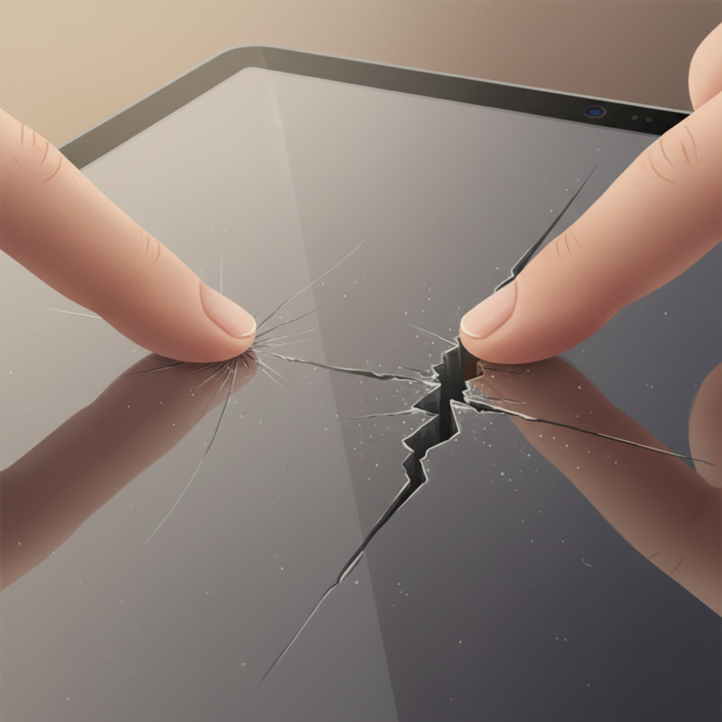 A close-up, macro-style illustration of a tablet screen, clearly depicting two distinct types of scratches. On one side, a faint, almost invisible superficial scratch runs across the surface, with a fingertip gently gliding over it. On the other side, a deeper, more pronounced scratch is visible, with a different fingertip slightly catching or indenting at its edge. The focus is on the visual difference in depth and how a finger interacts with each. Employ a detailed, realistic illustration style with subtle lighting to highlight the textures and depths of the scratches on the glass surface.